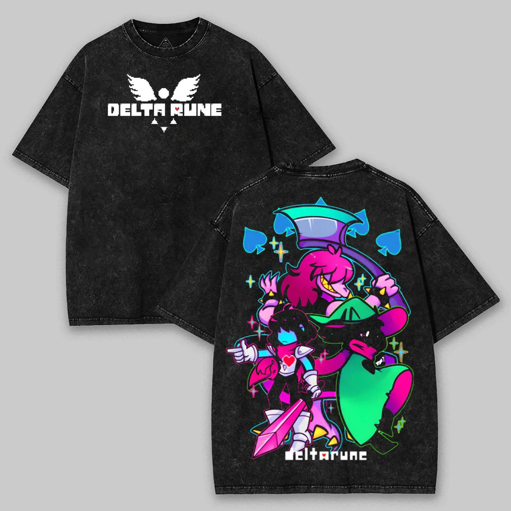 Deltarune 'The Trio' Kris, Susie, and Ralsei Graphic Tees Washed Tee Game Acid Washed Lightweight Cotton TSHIRT, Gift For Gamer Men's Regular, men gifts graphic tee Fabric Menswear Streetwear Round Neck