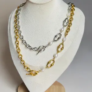 Pearl and Chain Necklace | Stainless Steel 18k | 19” long 