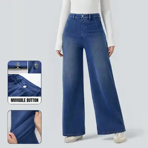 JEKAOYI Womens  High Waisted Tummy Control Wide Leg Casual Woven  with Real Button Front Placket and Pockets and Adjustable Button Included