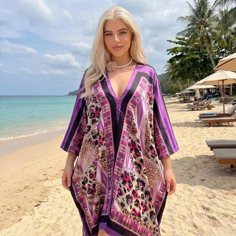 Women's Large V-Neck Kaftan, Beach Cover-Up, Loose Breathable, Eye-Catching Print, Perfect for Vacation and Daily Wear, Summer Essential, Beach Coverups