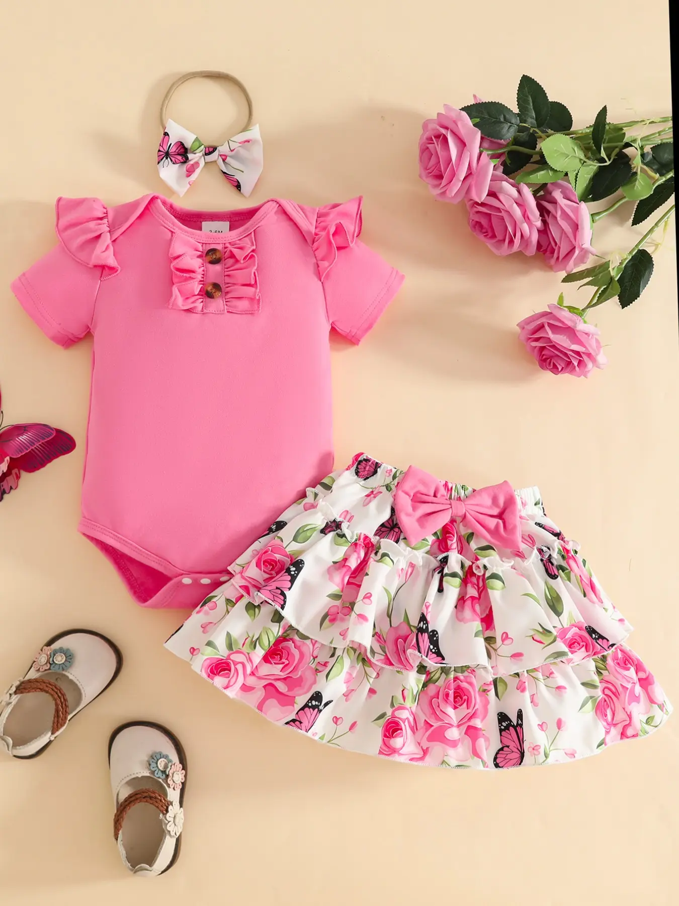 Cute Baby Girl Summer, Solid Color Short Sleeve Romper + Dual Layer Print Skirt + Hairband, 0-1 Year Old, Casual Set, Baby Clothing