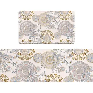 AMM Anti Fatigue Kitchen Mats for Floor Set of 2 Beige Boho Floral Non Slip Cushioned Kitchen Rugs Waterproof Memory Foam Kitchen Floor Mat Comfort Standing Mat for Office Desk Laundry Bar