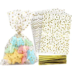 50/100 Star Print Cello Bags, 5x10.6 Inch Transparent Snack Gift Wrapping Candy Cookie Storage Pouches, Ideal for Bakery Birthdays Weddings Parties, Gift Decoration