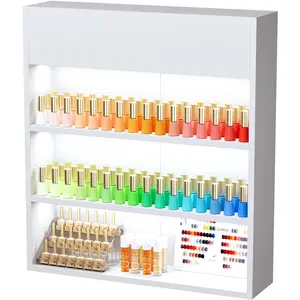 OmySalon Wall Mounted Display Rack, 32-Inch 3-Tier LED Nail Polish Organizer Shelf with USB Touch Control, for Nail Salon, Spa, Beauty Studio Storage, Wooden Retail Display