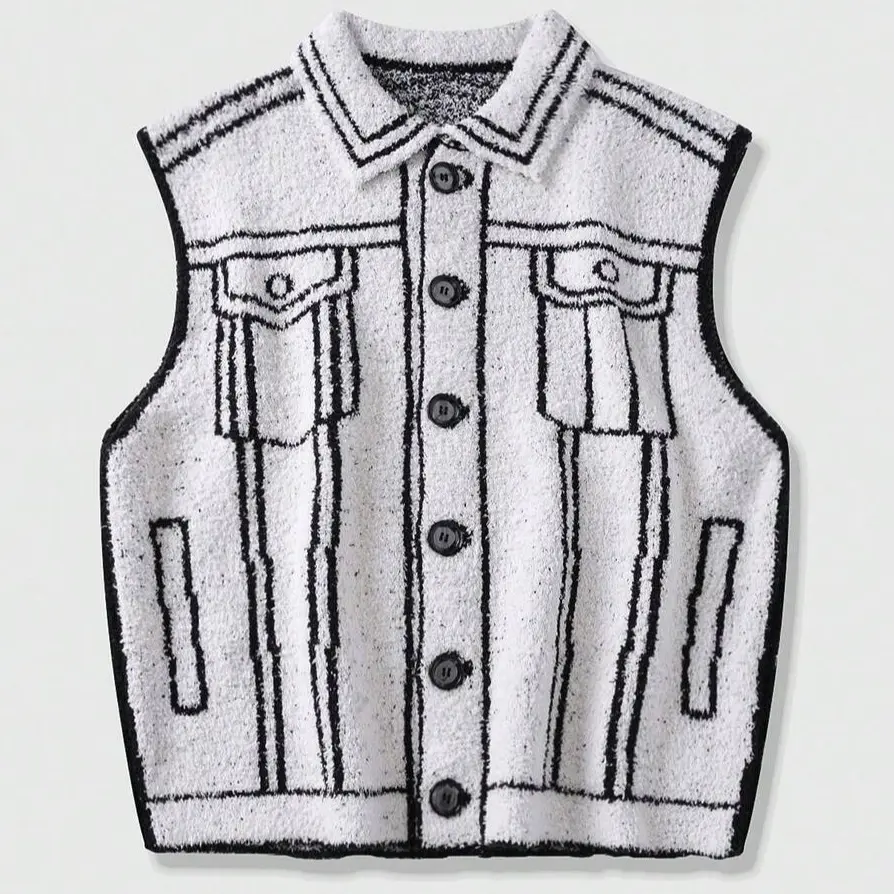 HYPESTFIT Men's 2D Cartoon Style Woven Collared Neck Vest - Menswear Mens Clothing, Masculine Light Waistcoats & Gilets, Trendy Fleece Sleeveless Top for Casual Outings, Streetwear Clothing, Masculine Waistcoats & Gilets
