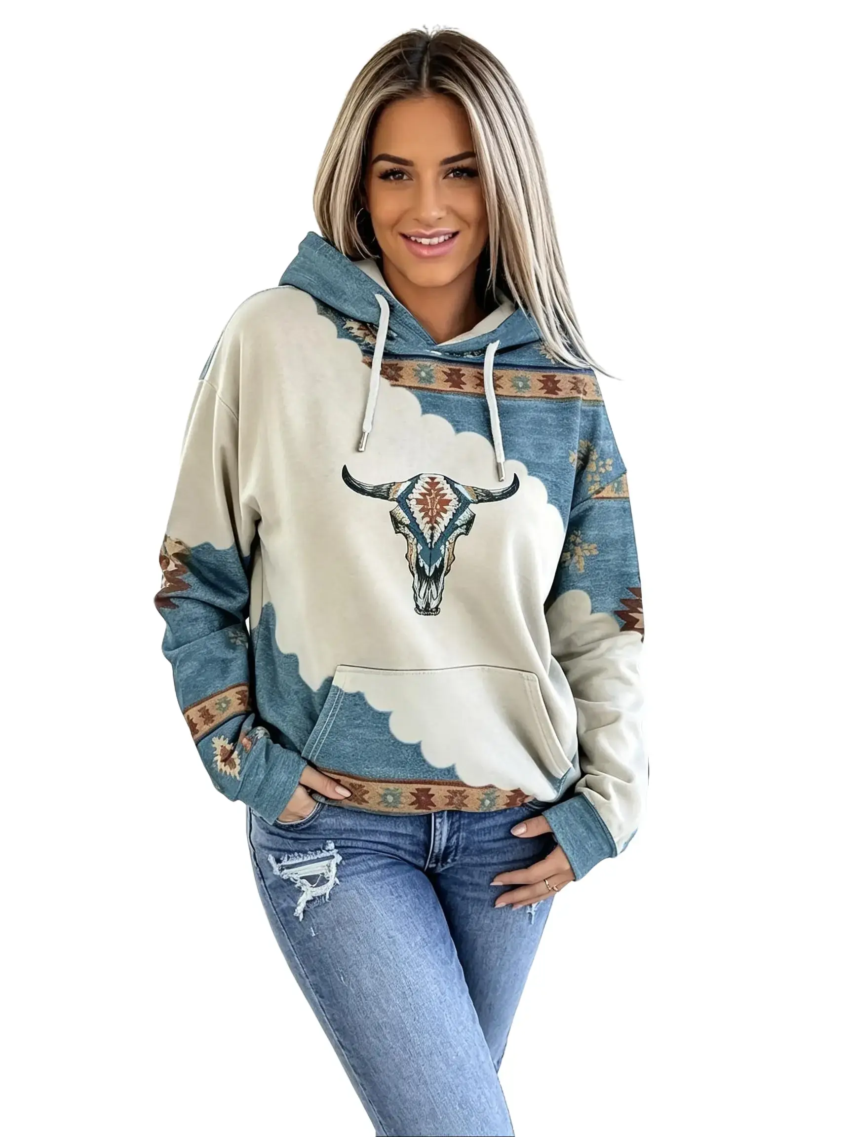 [Bohemian Hoodie] Women's Winter Hoodies Western Ethnic Hoodies,Highland Bull Head Print Pullover Hoodies Sweatshirts,Long Sleeve, Round Neck, Versatile Outerwear Top, Comfortable Casual Attire