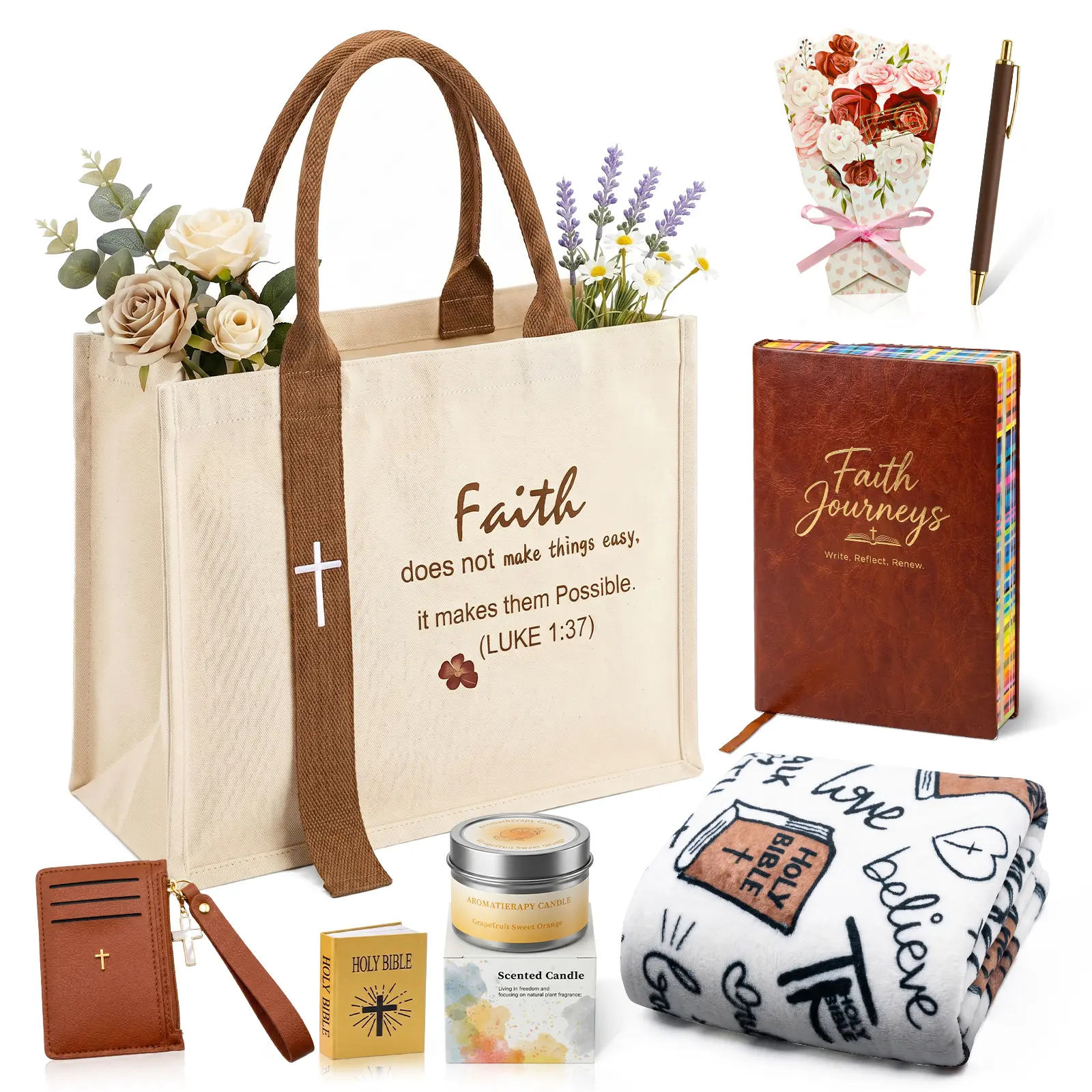 Women's 8PC Religious Spiritual Party Gift Basket - Includes Canvas Tote Bag, Water Bottle, Throw Blanket, Notebook, Card Holder, Aromatherapy Item, Mini Bible, Pen - Happy Birthday Daily Life Gifts