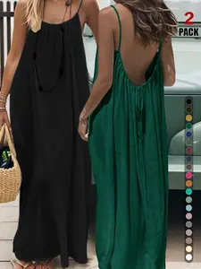 Women's Open Back Spaghetti Strap Summer Beach Maxi Dress Loose Flowy Vacation Sundress
