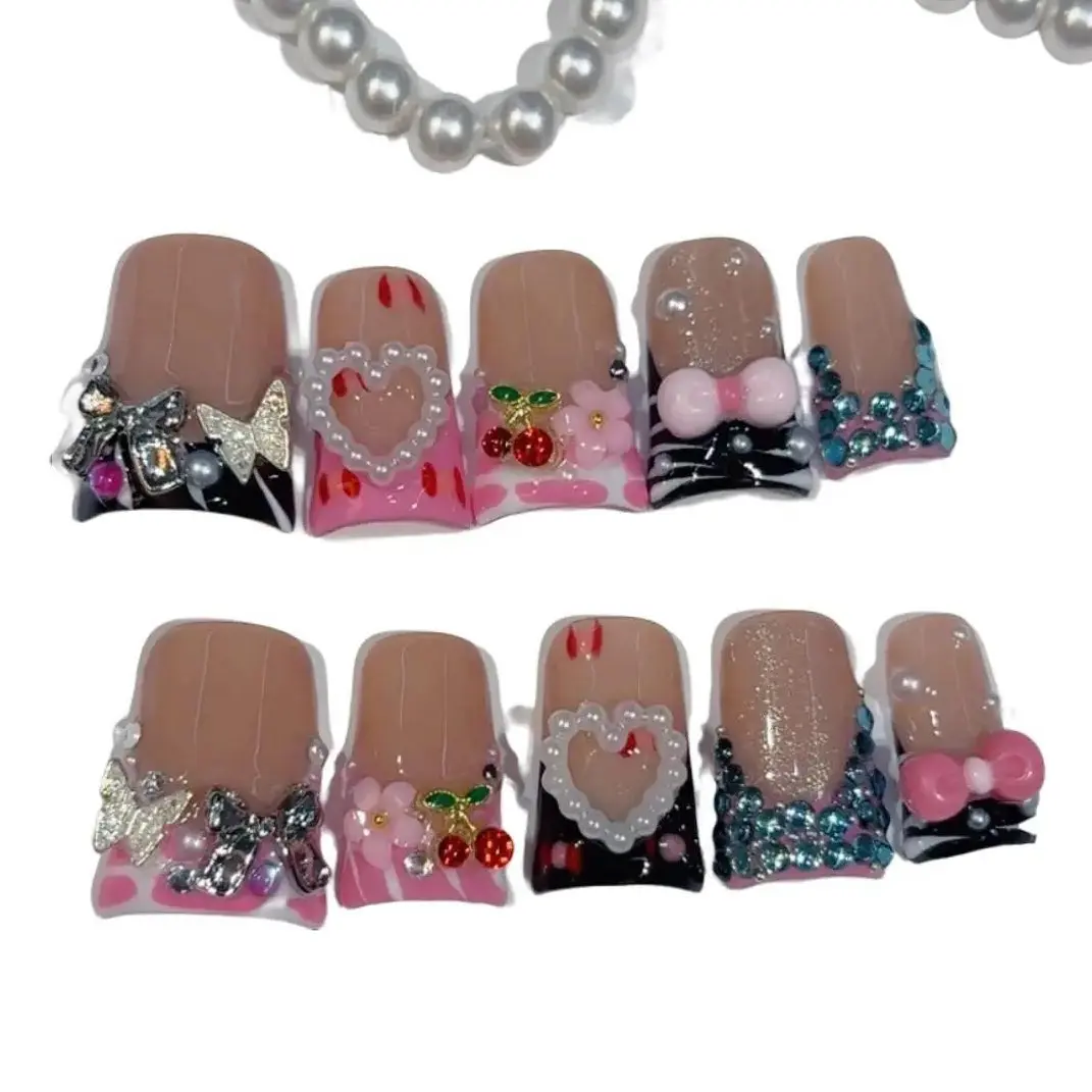 Nailrosy Women’s 10Pcs Handmade Short Cute Duck Multicolor Acrylic Press-On Nails - 3D Flowers, DIY Rhinestones, Reusable Elegant Designs, Gift Box Included, Halloween Nail Art Supplies, Nail Press On Nails, Handmade Press On Nails