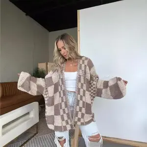 Women'S Casual Plaid Mid-Length Cardigan Knit Sweater Jacket