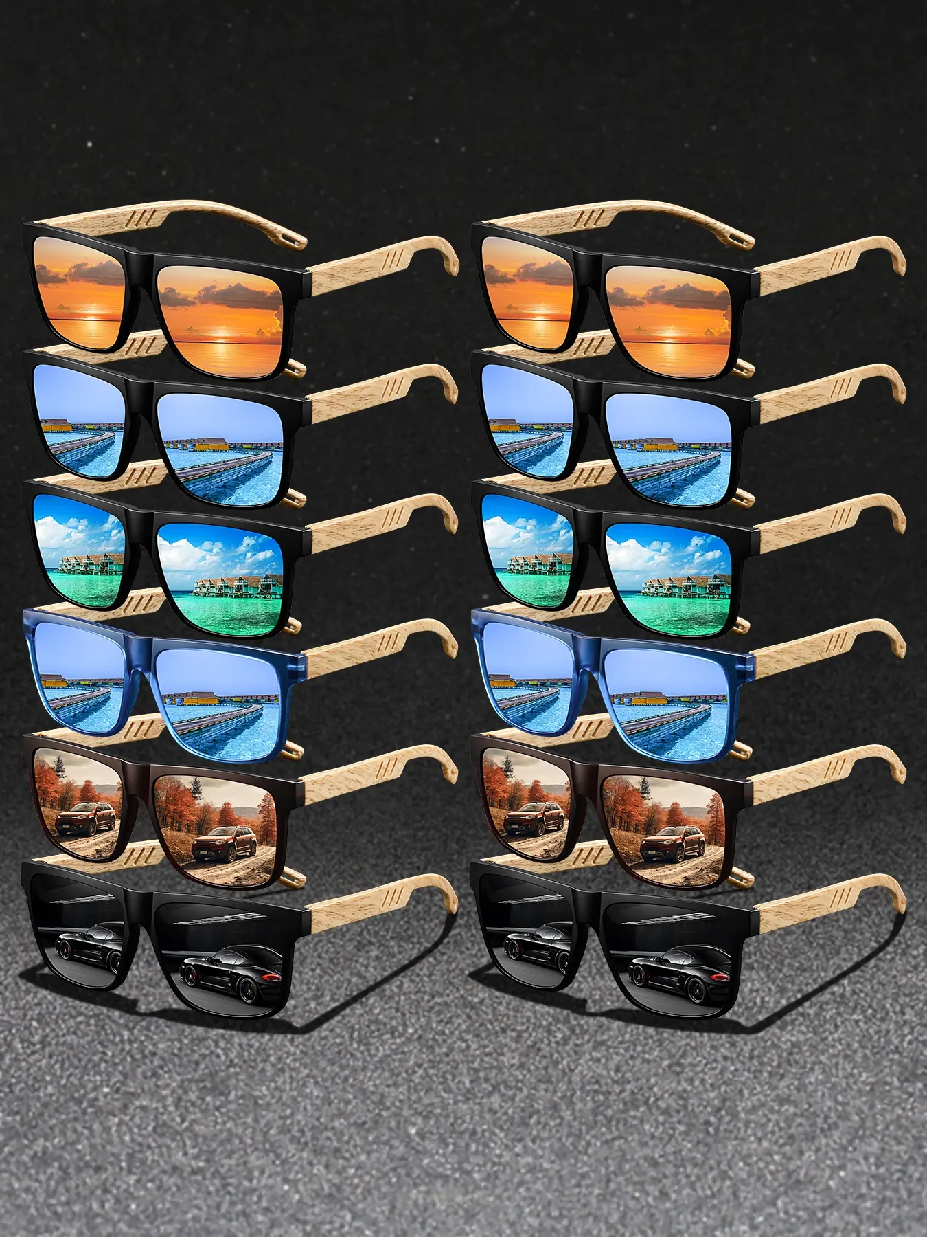 12 pairs of fashionable retro hollow neutral glasses, available in various colors, with retro imitation wood grain hollow frame, lightweight and environmentally friendly, comfortable to wear, very suitable for leisure and outdoor use.