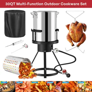 30QT Stainless Steel Turkey Fryer , Seafood & Crawfish Boiler , Basket & Waterptroof Cover Included . 50,000BTU Propane Burner , Outdoor Deep Fryers , Ideal for Frying & Boiling Cookware