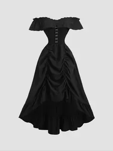 Women's Vintage Off-Shoulder Long Fitted Dress, Gothic Bohemian Style, High Street Fashion, Y2K Patchwork Design, Transparent Straps