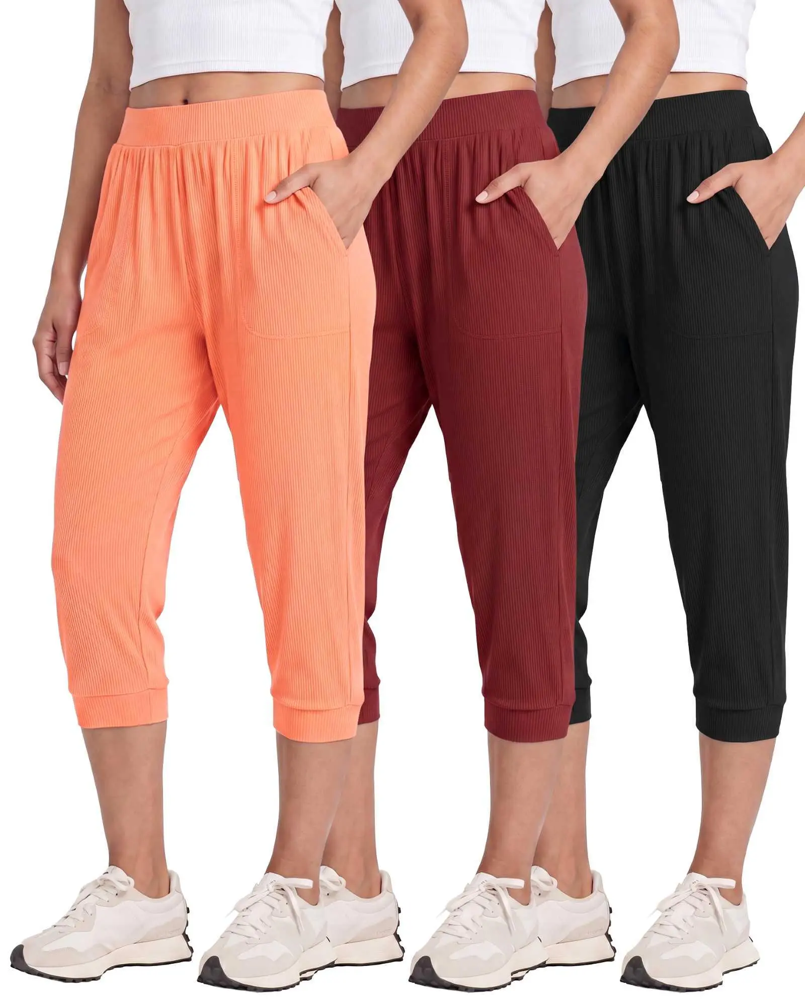 Real Essentials 3 Pack: Women's Ribbed Capri Jogger Lounge Sweatpants with Pockets Yoga Workout (Available In Plus Size)