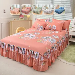 2/3pcs French Floral Bed Skirt Sheet Set with Pillowcases, 38cm/14.96" Long Ruffle Drop, Soft Breathable Fabric, Elegant Princess Bedroom Decor, Decorative Bedding Set