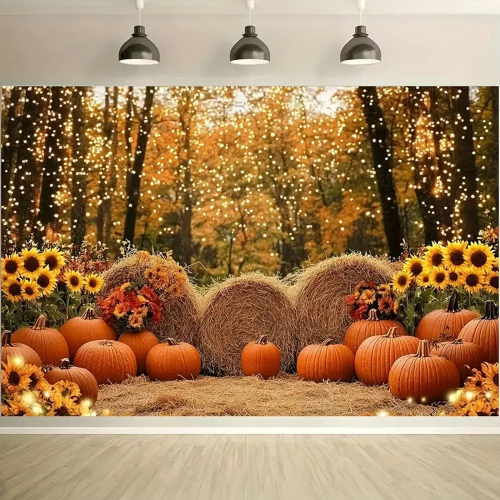 Autumn Harvest Party Photo Backdrop - 1pc Durable Polyester Decor with Vibrant Sunflowers, Pumpkins, Hay Bales, Fairy Lights, 2D Flat Wall Hanging for Photo Booths, Birthday, Party Decoration Supplies
