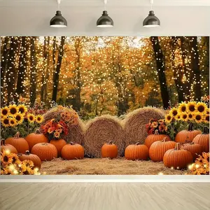 Autumn Harvest Party Photo Backdrop - 1pc Durable Polyester Decor with Vibrant Sunflowers, Pumpkins, Hay Bales, Fairy Lights, 2D Flat Wall Hanging for Photo Booths, Birthday, Party Decoration Supplies