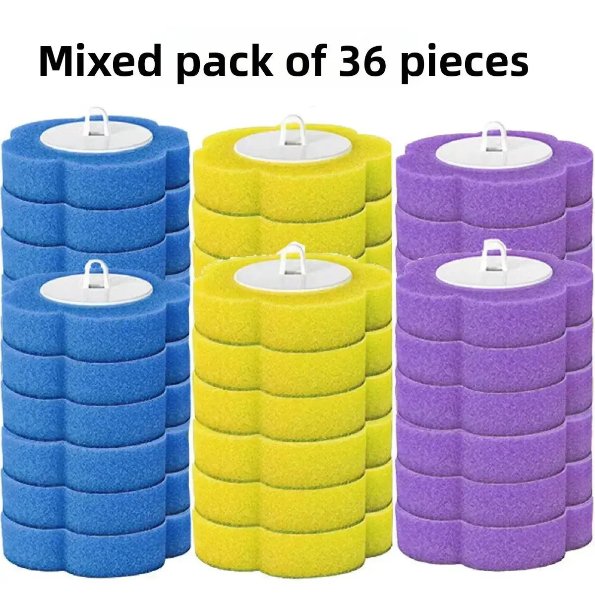 36PCS 3-Layer Sponge Refill Pack with Uniform Dimensions - Disposable Toilet Cleaning Kit, Assorted Blue Purple Yellow, Includes Scrubber Pad, Squeegee, Toothbrush Holder, Shampoo Storage for Bathtub, Household Bathroom Supplies, Household Supplies
