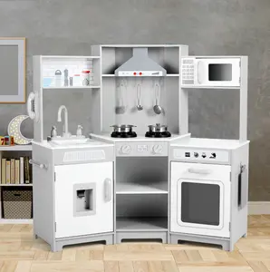 Kids Play Kitchen Set - Corner Wooden Pretend Toddler Kitchen Toys Playset with Realistic Lights & Sounds Microwave Oven Water Dispenser Phone Sink Cooking Accessories for Toddlers Ages 3+