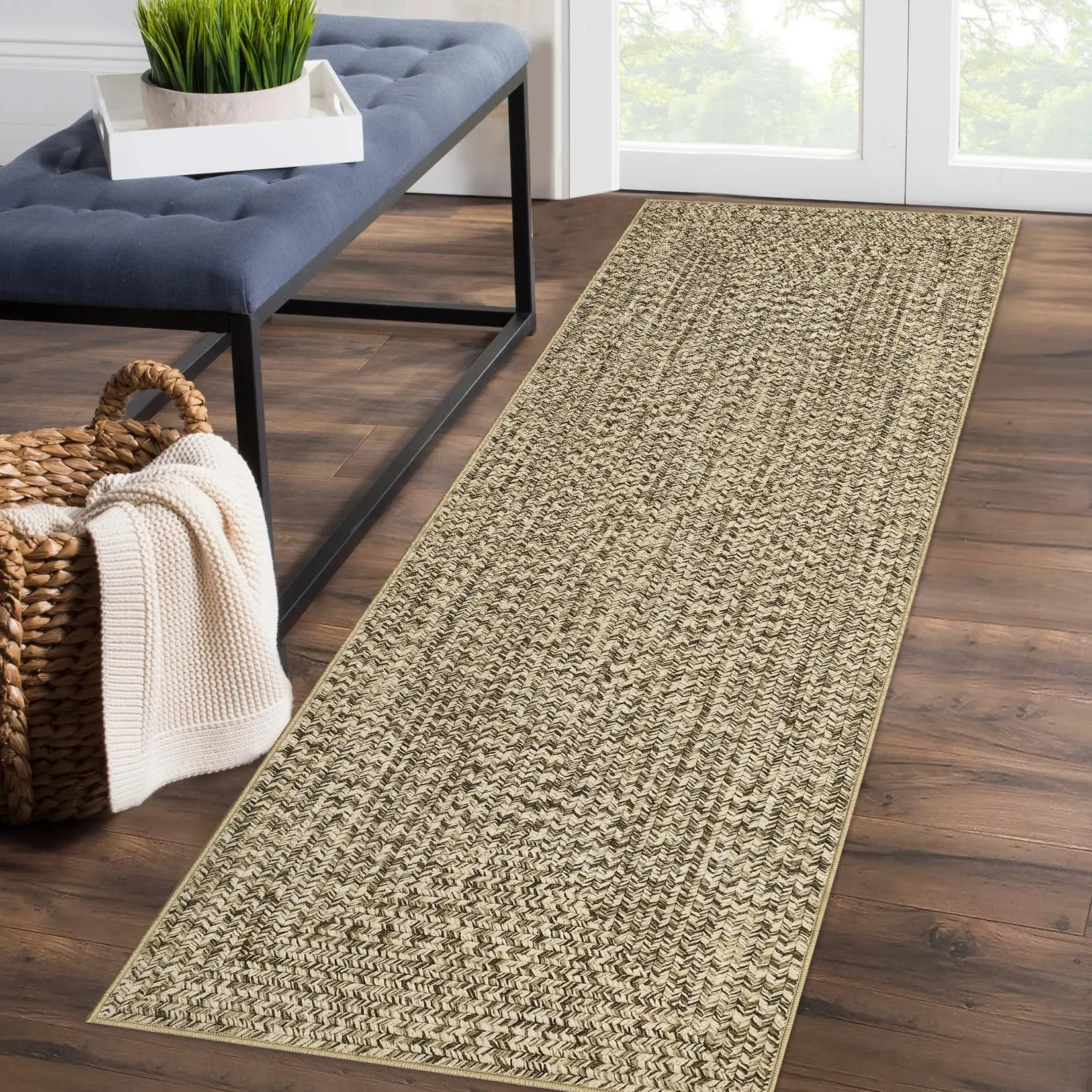 GARVEE Runner Rug 2x8 Washable Rug Non Slip Printed Braided Hallway Runner Carpet Solid Printed Weaving Low Pile Floor Cover for Kitchen Laundry Room Entryway, Beige Yellow/ 2'×8'