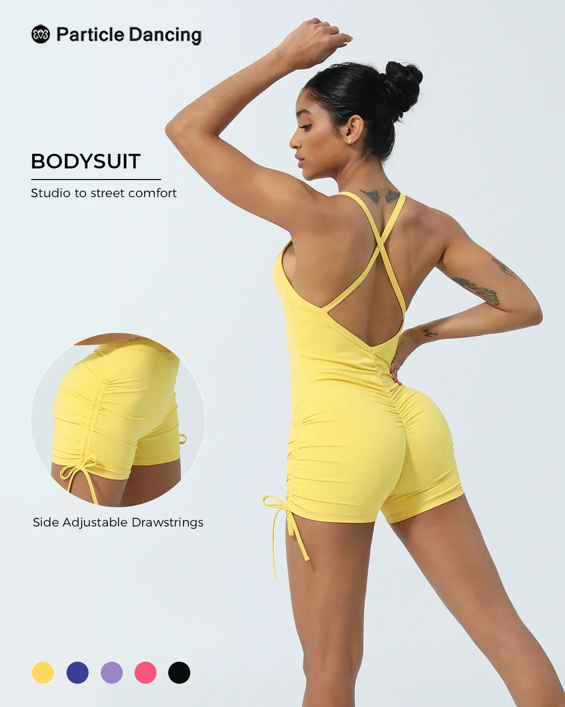 Women’s 1-Piece Athletic Workout Romper - Open Back Cross-Strap Body-Hug Silhouette Unitard with Adjustable Side Ruched Shorts, Soft Stretch Breathable Straps Cross-Back Look Yoga Jumpsuit for Gym & Travel, Pilates