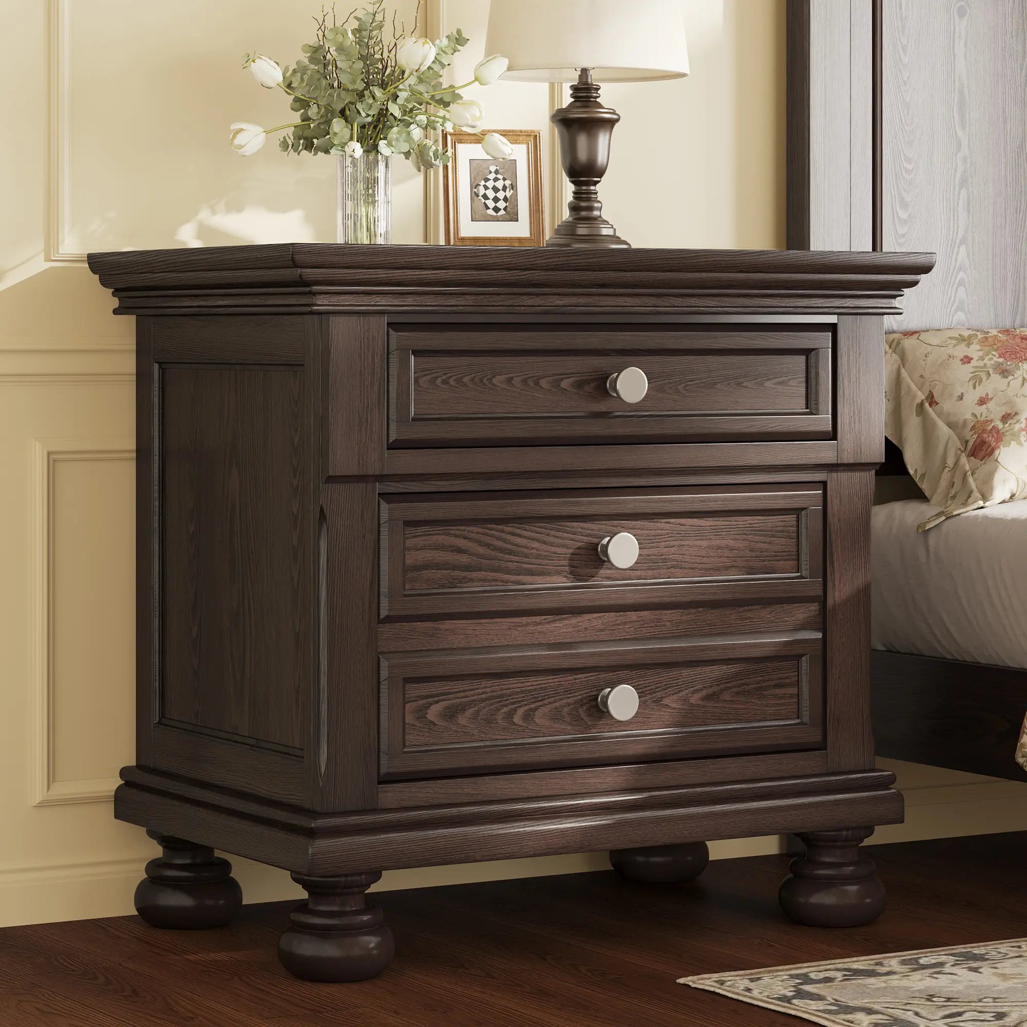 AMERLIFE Fully Assembled Nightstand, Solid Wood Bedside Cabinet with 2 Storage Drawers, Extra Large Traditional End Table for Bedroom & Living Room