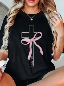100% Cotton Coquette Christian Pink Bow Cross John 3:16 Bible Verse T-Shirt,Unisex Crewneck T-shirt for Men And Women