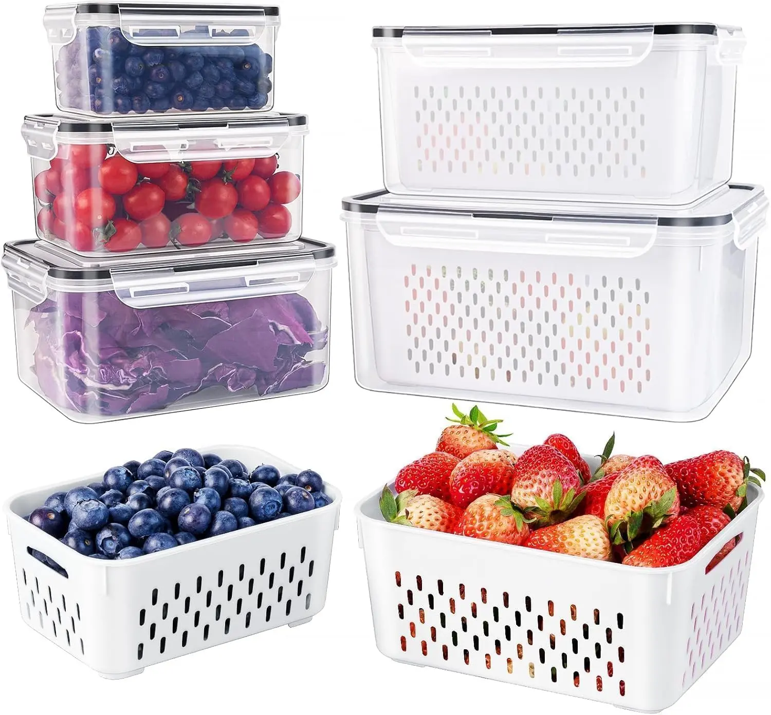 5 Pack Fruit Frige Organizers and storage - Stackable Fruit Storage Containers for Fridge with Removable Colanders,BPA-Free Food Storage Container for Salade Berry Lettuce Vegetable Meat Keeper Fresh 4 in 1 with Lids Summerwins
