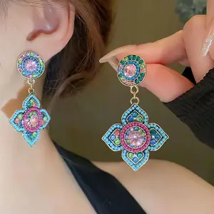 Pair of Vintage Boho Dangle Earrings for Women - Large Floral Inlaid Bead Jewelry with Pink & Green Stones, Golden-Tone Metal Bohemian Party Jewelry, Trendy Gift for Women Girls, Cute Earrings, Gift Jewelry, Vintage Floral Earrings, Multicolored Beads
