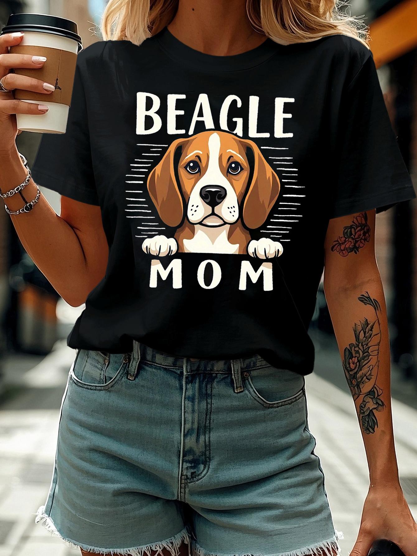 Beagle Mom's Gentle Gaze Letter Print T-shirt, Short Sleeve Crew Neck Casual Top for Summer & Spring, Women's Clothing