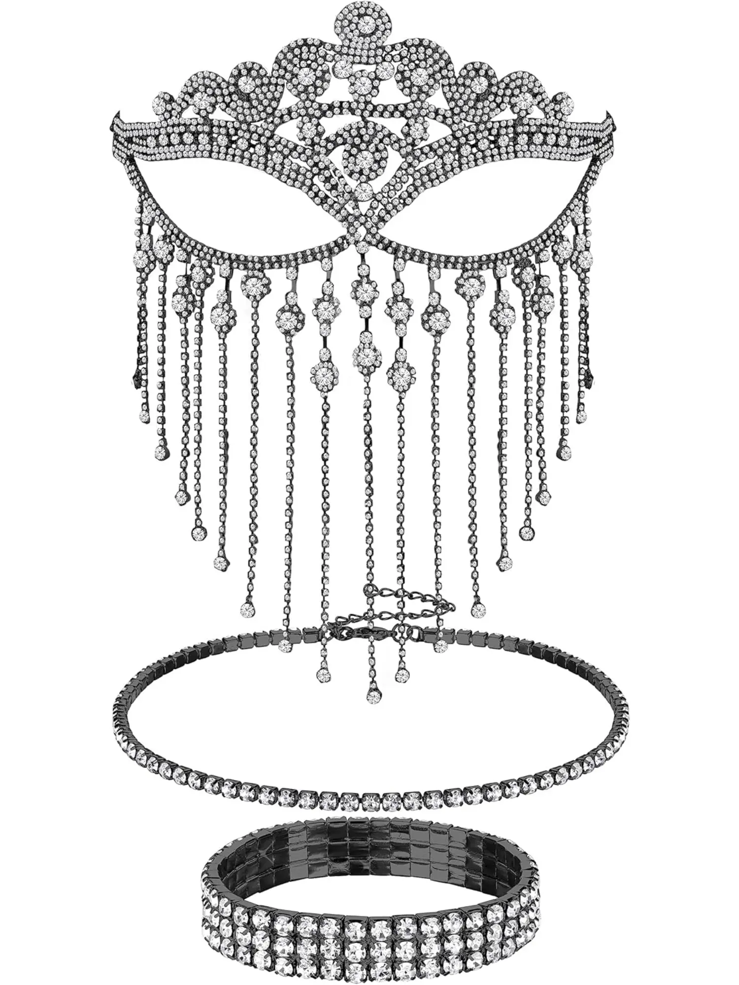 3 Pcs Rhinestone Jewelry Set For Women Crystal Tassel Masquerade Mask Tennis Choker Necklace Bling Stretch Bracelet For Bridal Wedding Party Prom
