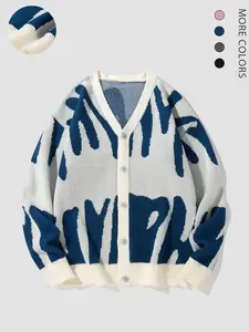 Casual cool irregular jacquard V-neck cardigan, contrasting design to attract attention, multiple colors to choose from, loose version suitable for a variety styles, essential for daily street wear, fashion must-have, Halloween outfit, unisex.