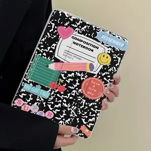 90s Retro School iPad Case, Tablet Cover with Stand and Pencil Slot, Composition Notebook & Cherry Design Clear Acrylic Hard Back for iPad 10.2inch 2019/2021, iPad Mini, Pro, Lightweight Scratch-Resistant Design for School and Home Use