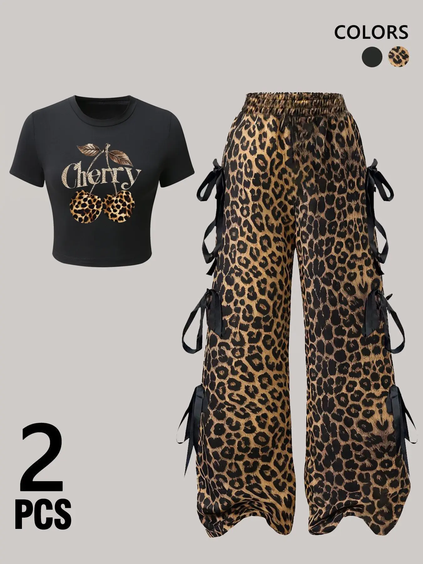 TikTok Hot Selling 2-Piece Leopard Cherry Womenswear Set Y2K Style Round Neck Crop Top with Bow Wide-Leg Pants | Women's Trendy Streetwear | Perfect for Casual & Party | Available in Leopard | Summer Outfit Set, Printed Pants Set