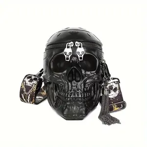 Punk Gothic skull pattern shoulder bag, polyester lining, zipper opening and closing, Halloween fringed decoration
