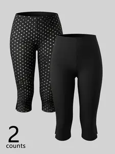 Women's 2 Pieces Polka Dot Solid Capri Pants Set, Stretch Slim Fit Chic Cropped Trousers With Side Slit, Casual Summer Pants For Daily Wear & Travel