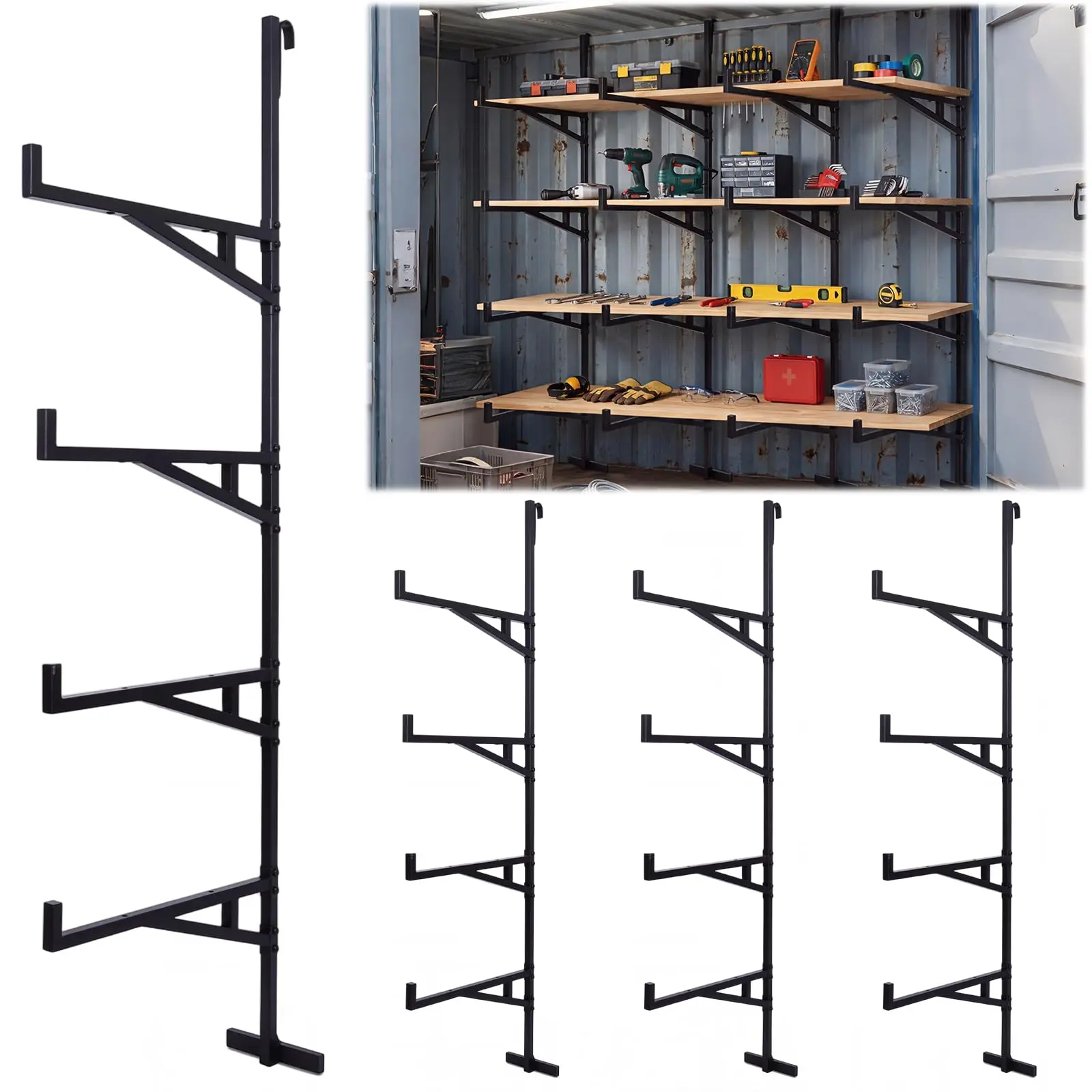 4 PCS Heavy Duty 4-Tier Carbon Steel Shelving Brackets, 19"x7.5"x66.9" Organiser Racks with Reinforced Triangular Braces for Garages, Warehouses, Shelf