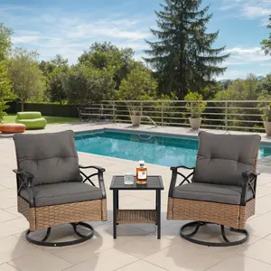 [Bellemave]Outdoor Swivel Rocker Chairs Set 3 Piece with 1 Table and 2 Rocking & Swivel Chairs Support 350lbs Brown Wicker Outdoor Furniture Patio Conversation Set