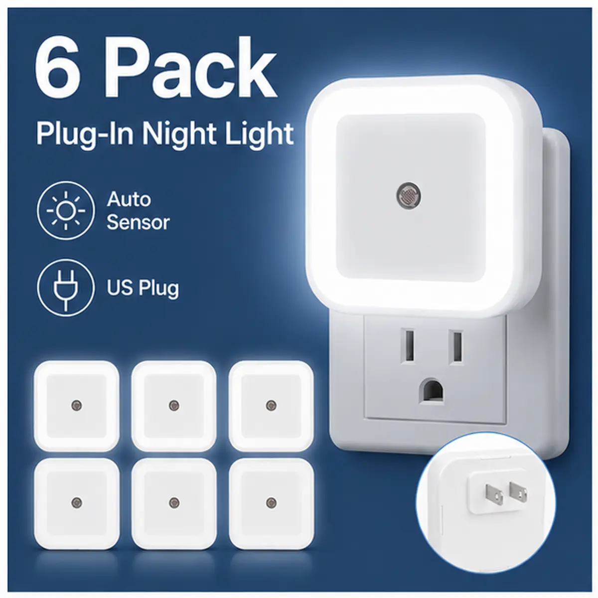 Pack of 6 Dusk-to-Dawn Plug-In LED Night Lights for Bedroom, Hallway, Stairs, Bathroom and Kitchen, US Plug