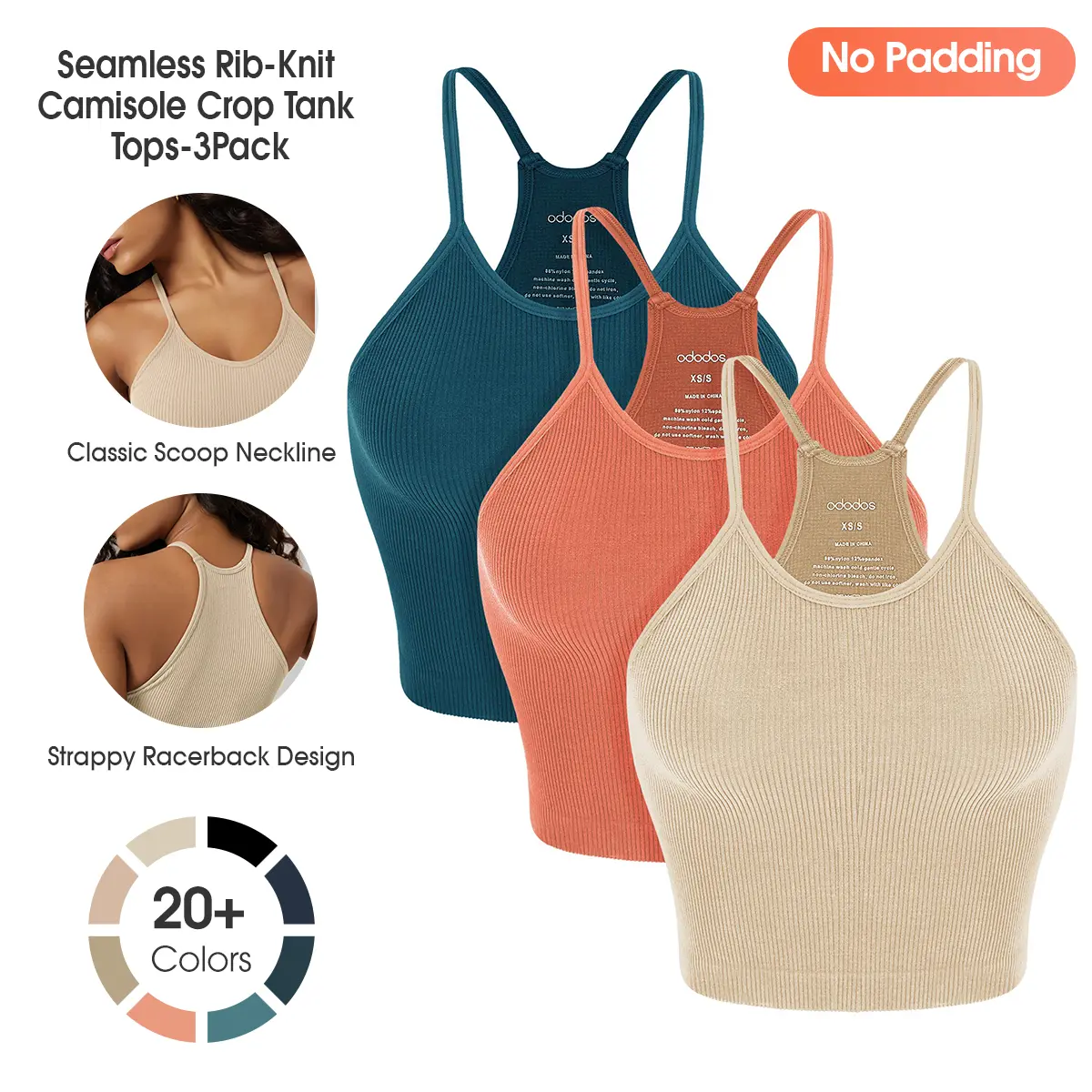 ODODOS Women's Crop 3-Pack Seamless（No Padding) Rib-Knit Camisole Long Crop Tank Tops summerwins