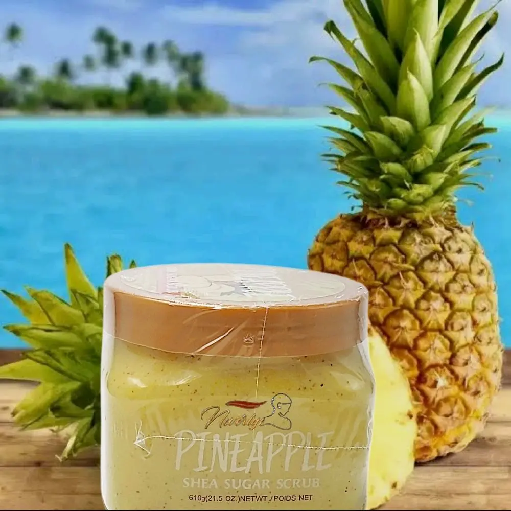 Neverlye Pineapple Sugar Scrub. 610g jar which is 17.oz. This scrub is gental and sweet to use all over the body including the inner thigh and pubis area. Made with naturel ingrideints.