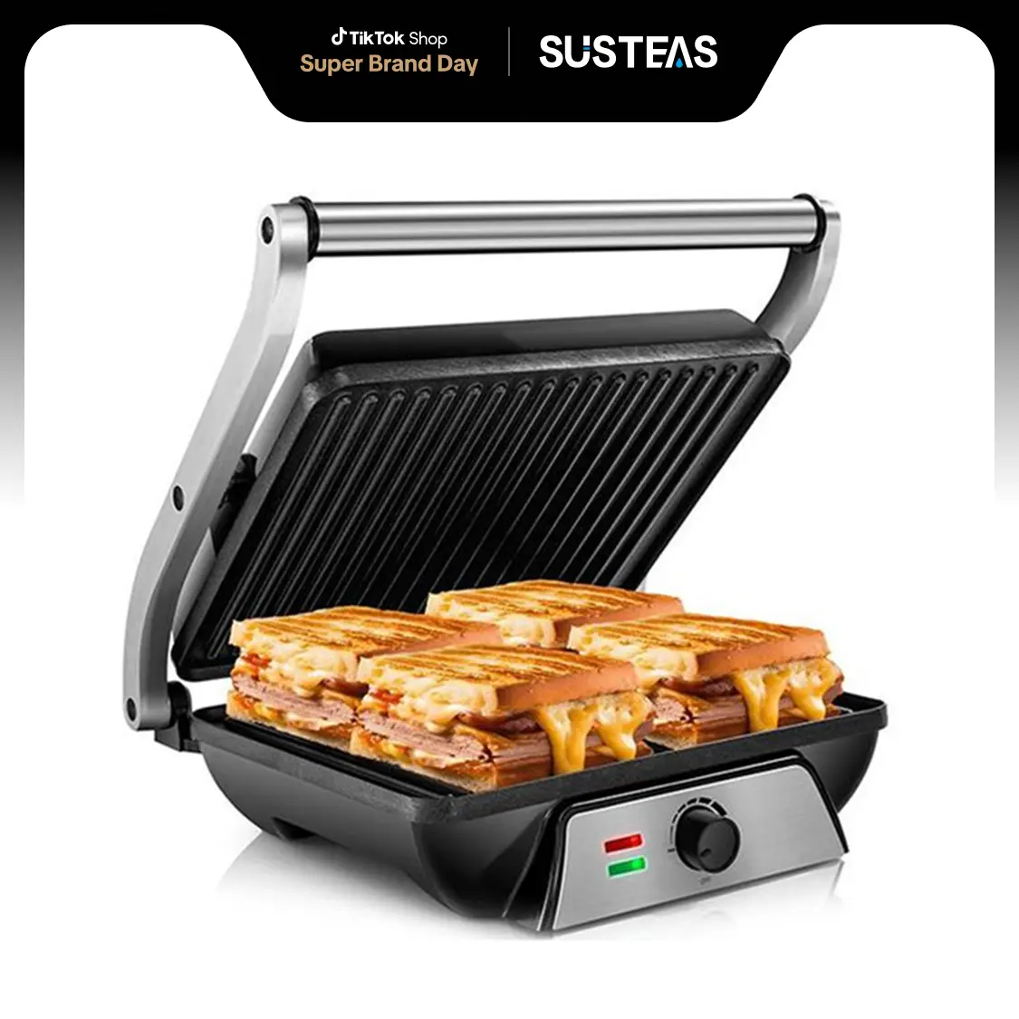 SUSTEAS Multi-Purpose Electric Indoor Grill, Non-Stick Panini Press with Grease Tray, 180-Degree Sandwich Maker with Floating Hinge