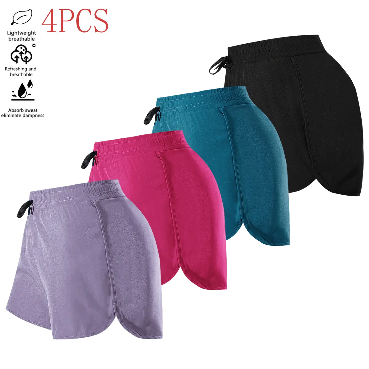 Women's Mid-Rise Yoga Shorts (Pack of 4) - Athletic Training Shorts, Sweat-Ready, Quick-Drying Summer Wear for Yoga, Fitness Training, Mid‑Rise Yoga Fit