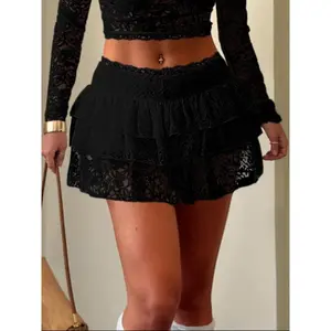 Women's Black Lace Mini Skirt High Waist Ruffle Layered Short Skirt Sexy Slim Fit Clubwear Fashion Outfit Sheer Mesh Lace Party Skirt Streetwear Night Out Bottoms