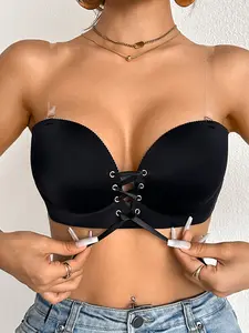 Women’s Sexy Strapless Push Up Medium Bra, Lace-Up Front Deep V Invisible Bra Detachable shoulder strap, Strong Lift & Cleavage for Date Night, Party & Special Occasions