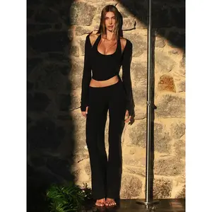 Women's Casual Sporty Style Three-Piece Set, Halter Backless Top &Long Sleeve Cardigan &Flared Pants, FashionableRAIMENTRY