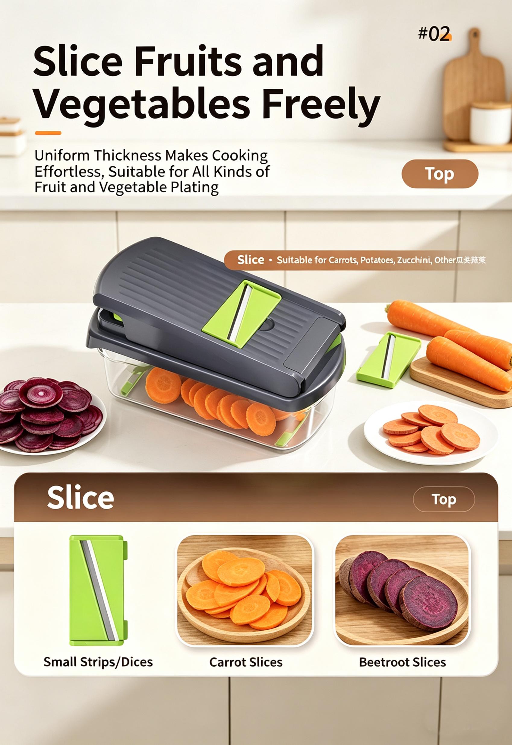 Multifunctional Vegetable Chopper, Kitchen Mandoline Slicer for Potato, Carrot & Cucumber, Easy Food Dicer Cutter Shredder Grater with Stainless Steel Blades, Time-Saving Cooking Tool for Home & Commercial Use