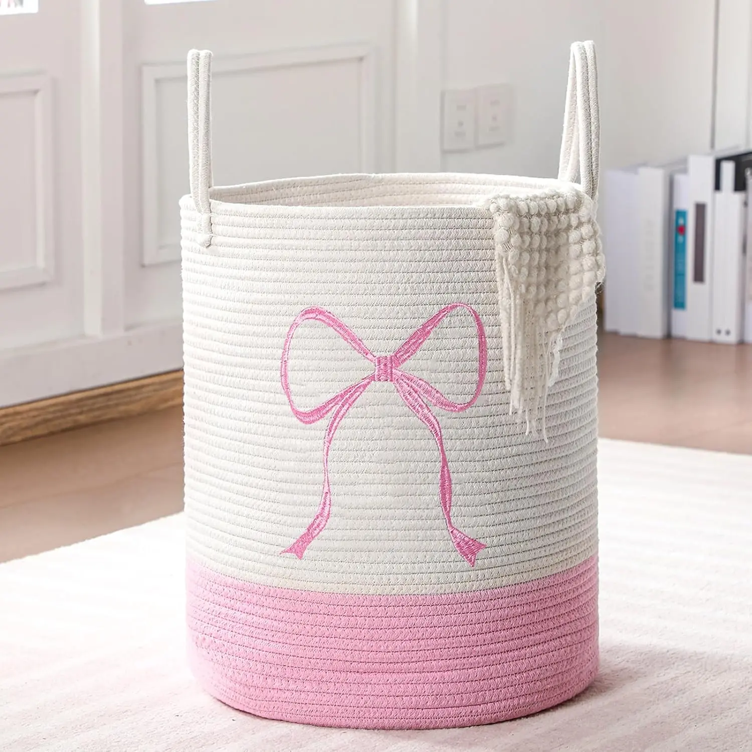 Coquettecore Feminine Pink Cotton Rope Laundry Basket with Bow Accent, 15x17.7 in. Large Storage Bin for Kid Room - Organizes Clothes, Blankets, Toys