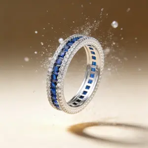AELNEN Silver-Tone Blue Zircon Eternity Band Ring - Baguette & Round CZ Pave Statement Jewelry - Gift for Her - Elegant Design