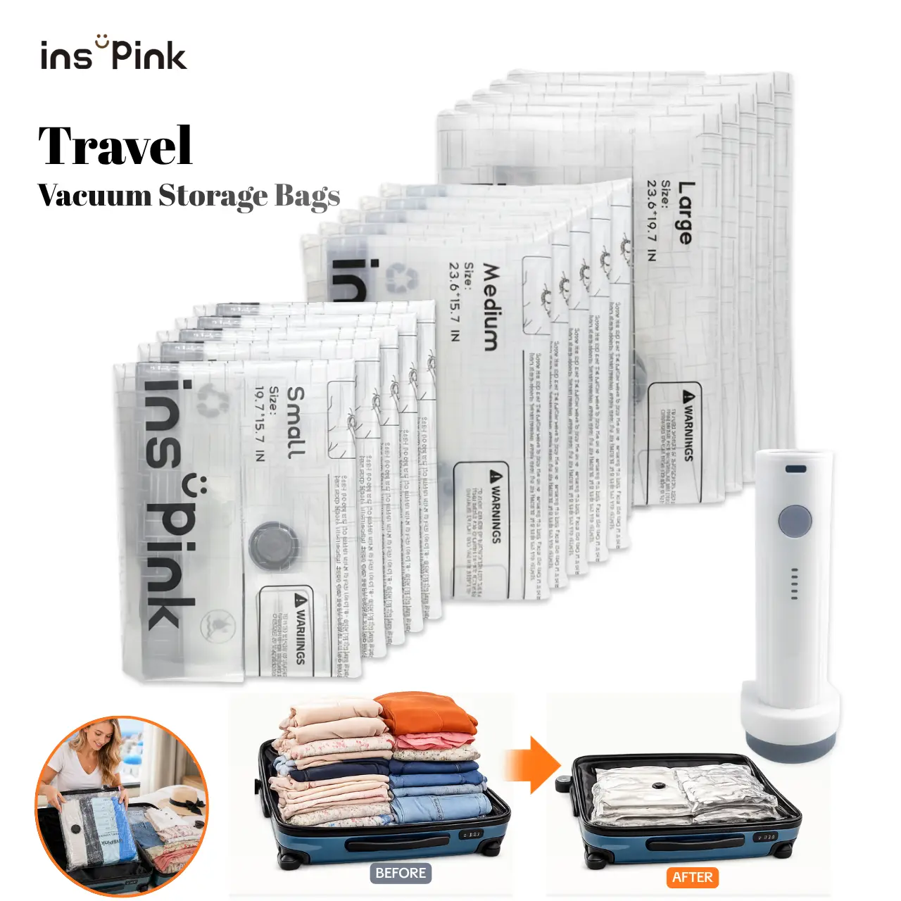 Inspink PE Compression Large Storage Bags with 1500mAh USB Rechargeable Pump, Multi-Size Collapsible Durable Lightweight Home Organizer for Storage Organization, Backpacking Garments, Portable Travel Pouch - Father's Day Gift